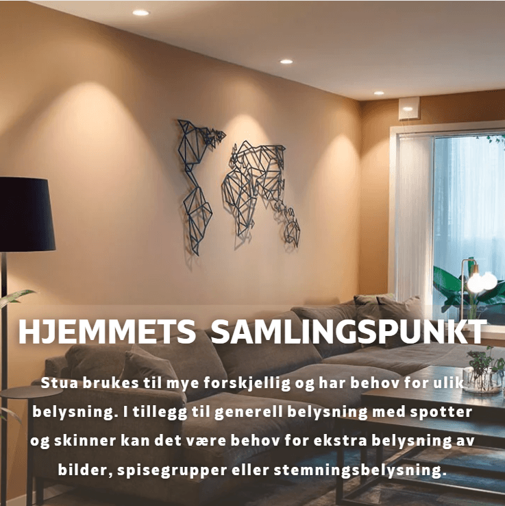 Stua brukes til mye forskjellig og har behov for ulik belysning. I tillegg til generell belysning med spotter og skinner kan det være behov for ekstra belysning av bilder, spisegrupper eller stemningsbelysning.